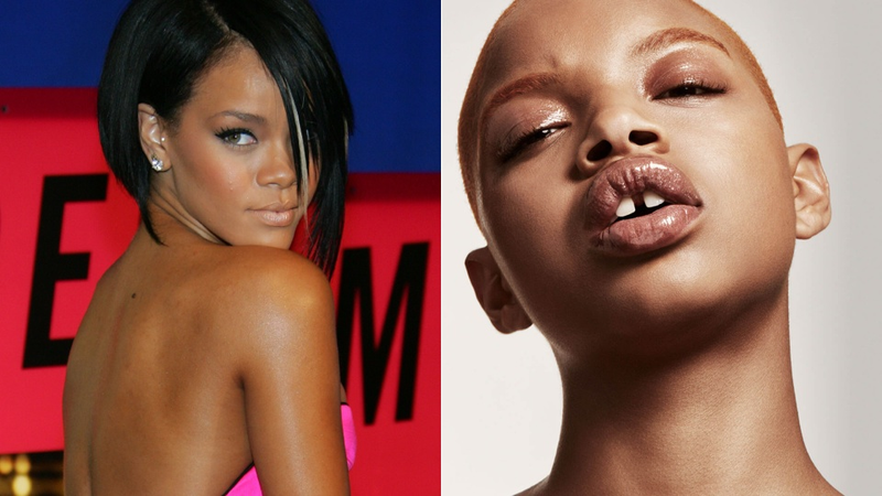 Rihanna in lip gloss in 2007; Slick Woods in Rihanna’s lip gloss in 2017. Images Getty, Fenty Beauty.
